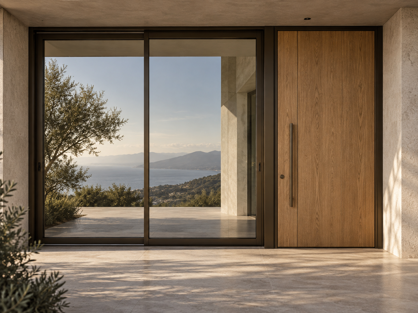 Contemporary residential entrance reference with full-height glazing and an oak door