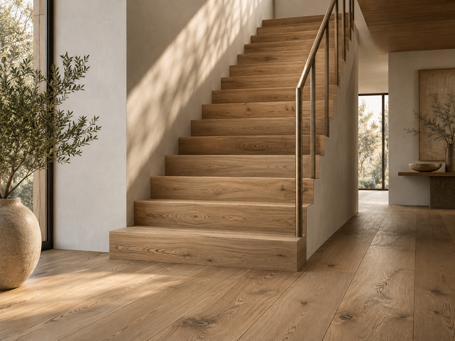 Residential staircase reference with oak flooring and warm architectural finishes