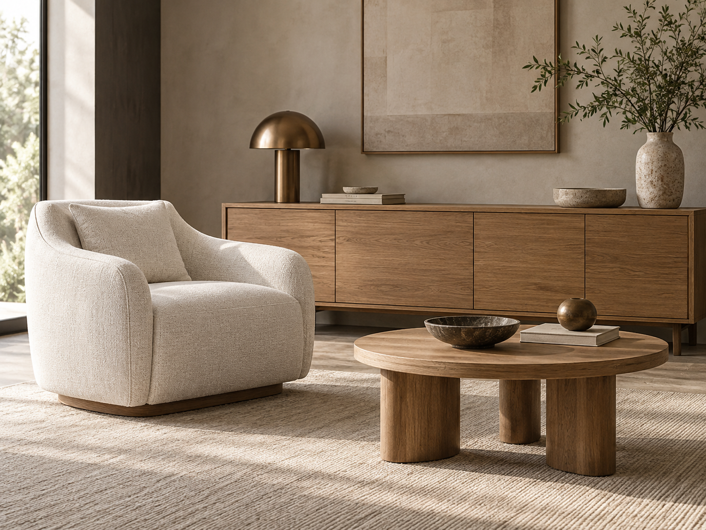 Hospitality-style seating reference with an upholstered armchair and oak furnishings