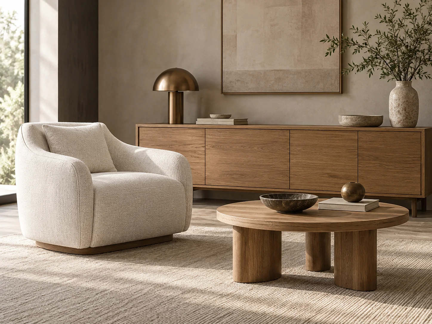 Hospitality furnishing reference with lounge seating, oak cabinetry and bronze lighting