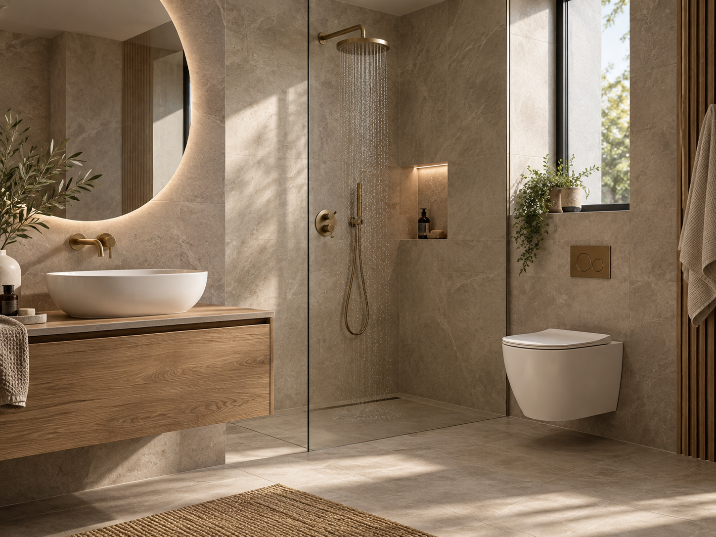 Hospitality-style bathroom reference with stone finishes and coordinated fittings